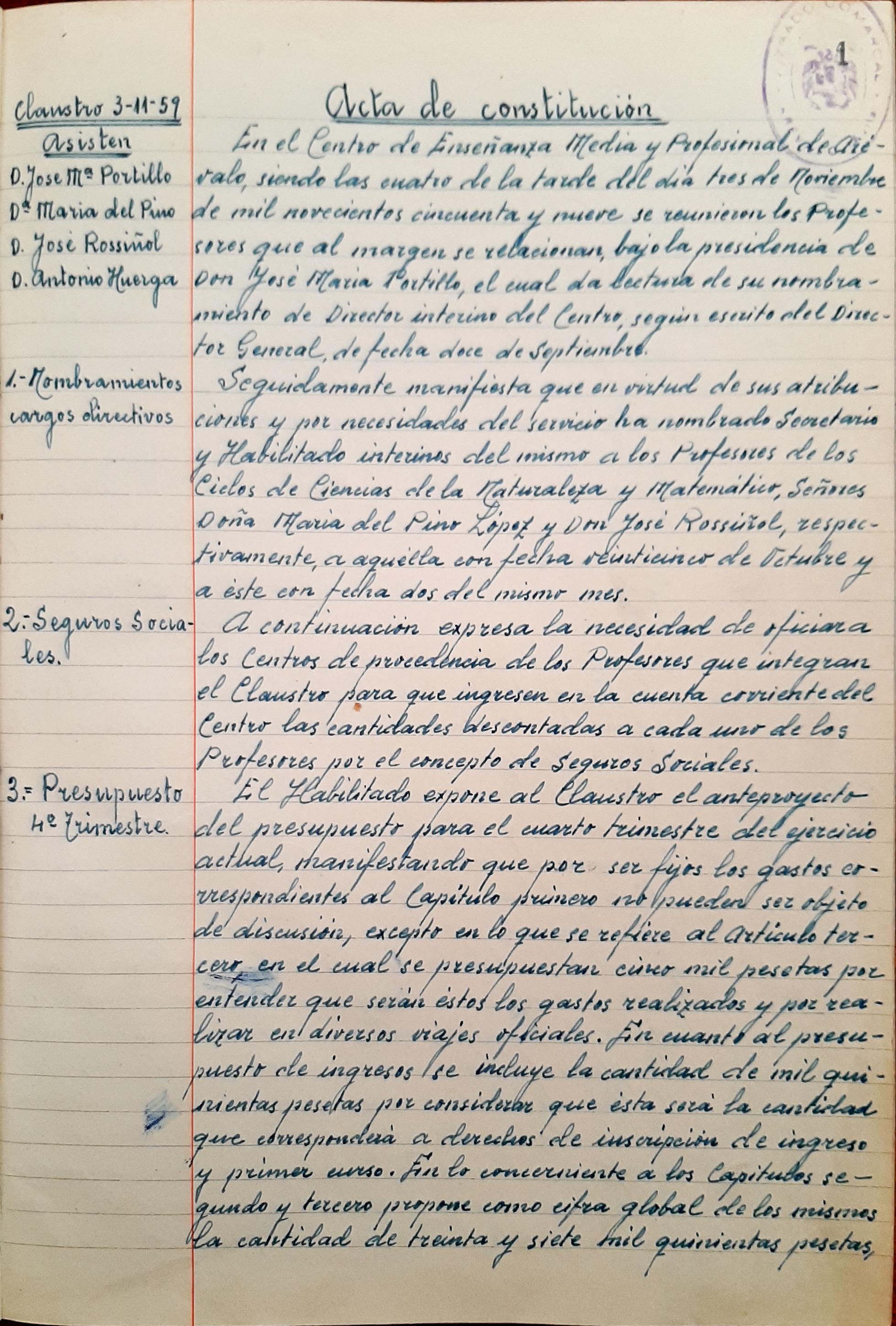 Acta de constitución del Claustro del 3 de noviembre de 1959